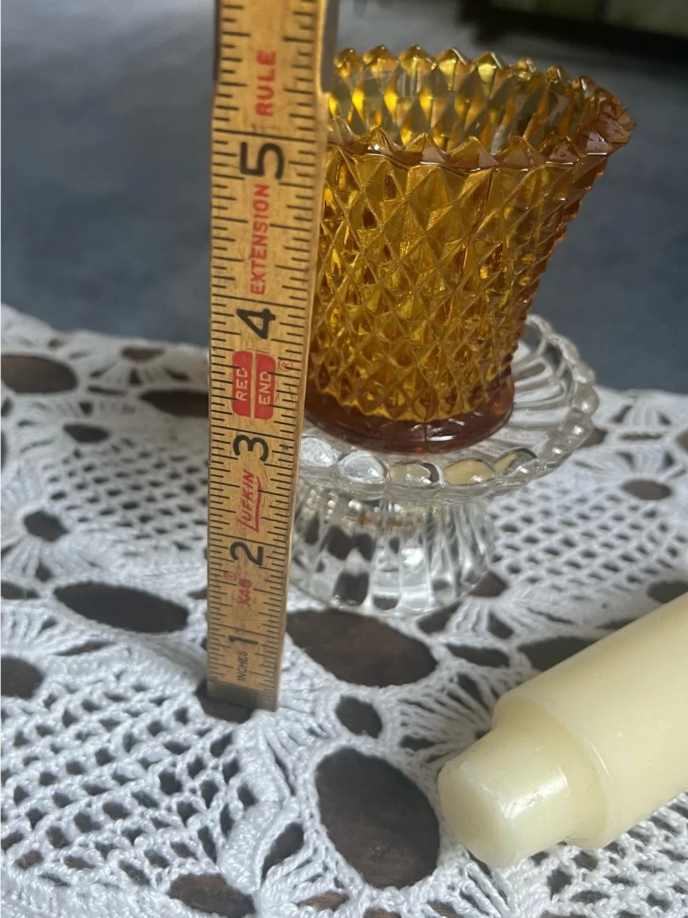 Amber Diamond-Pattern Glass Votive w/ a clear glass candleholder and clear peg